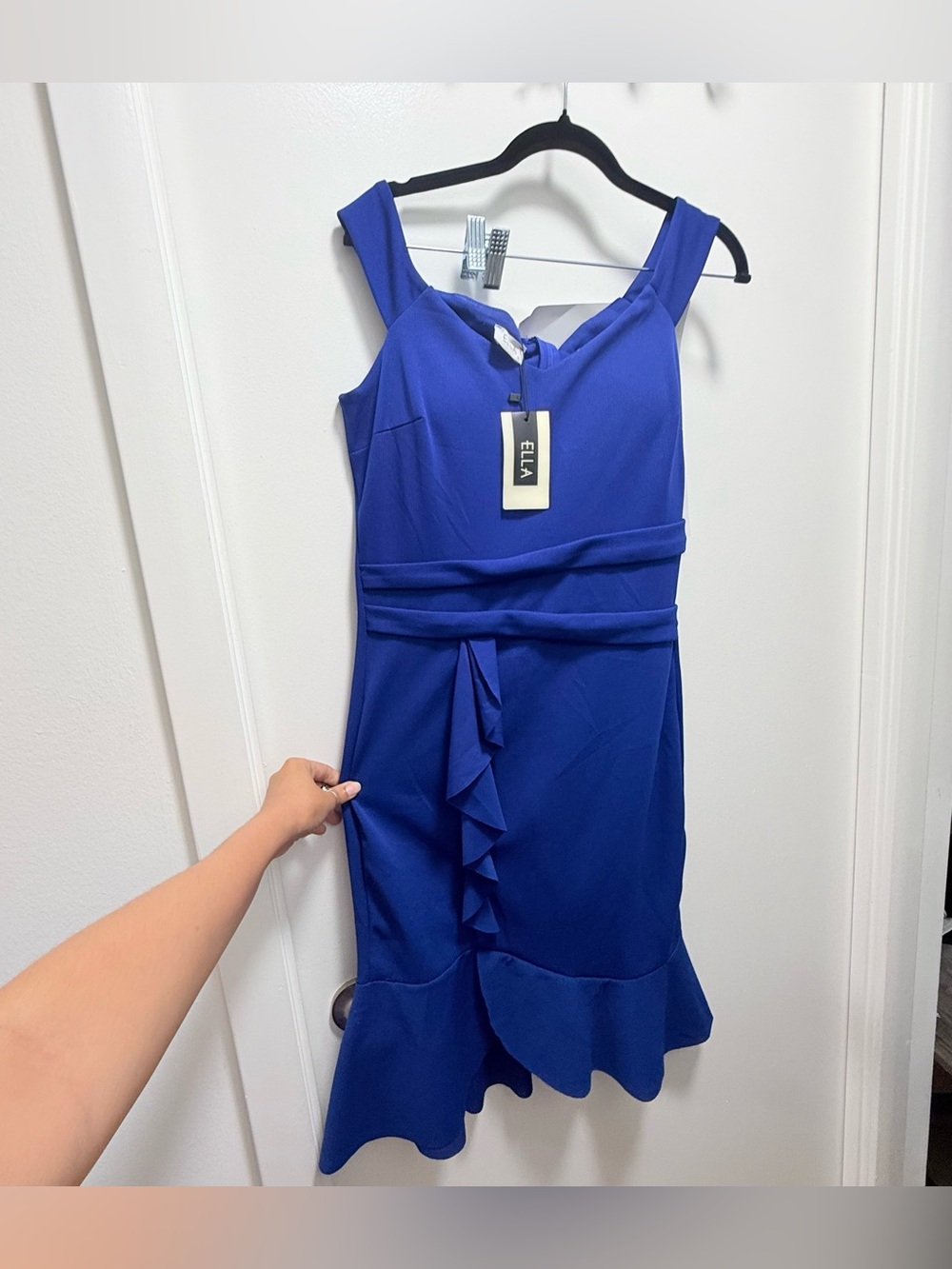 NWT Ella Royal Blue Cold-Shoulder Ruffle Asymmetrical Hem Midi Dress XL